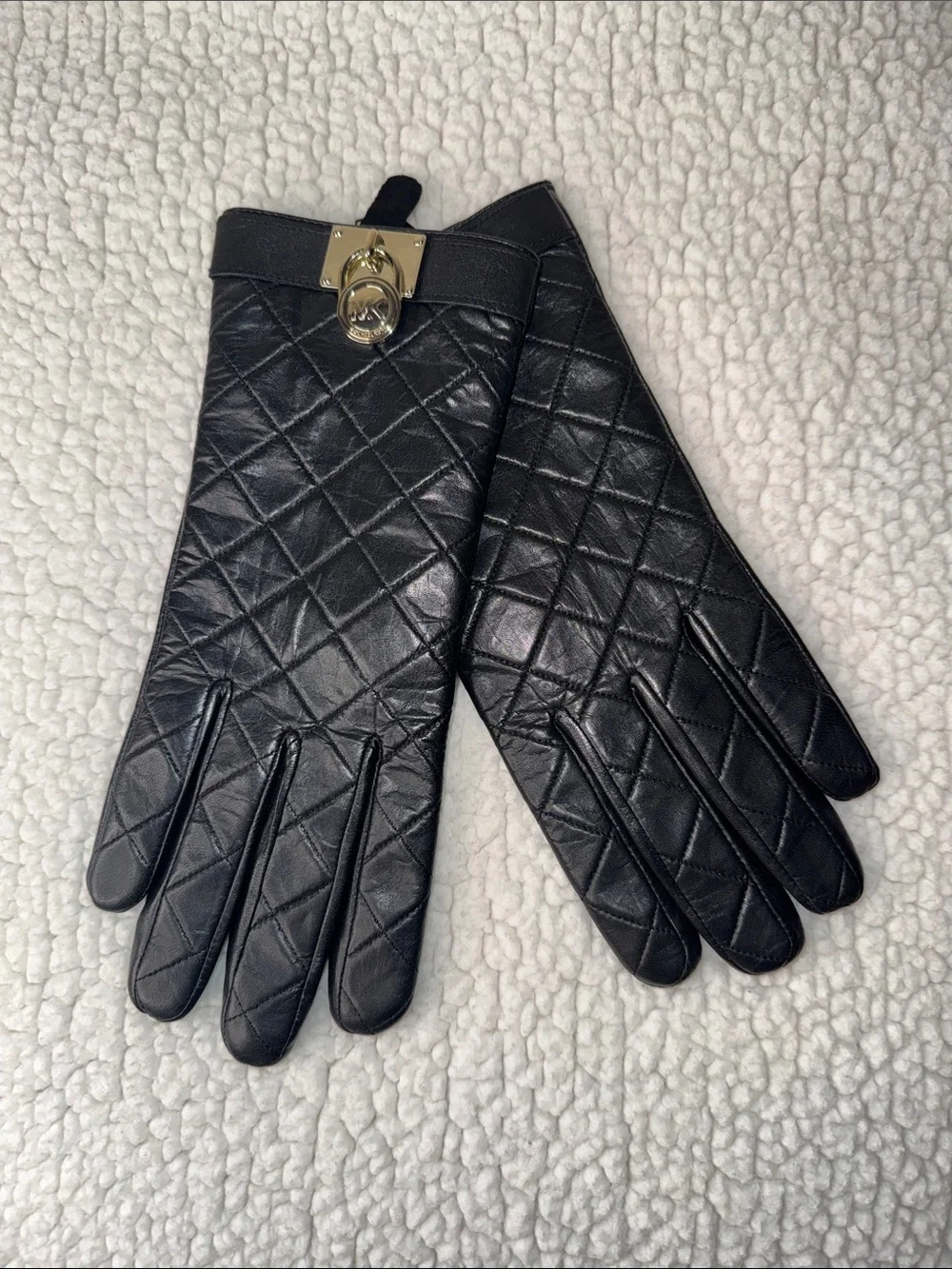 Michael Kors Black Quilted Leather Gloves with Gold Lock Detail